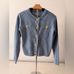 ✨ Dusty Blue Top & Cardigan Set with Gold Buttons – Classic Soft Elegance ✨